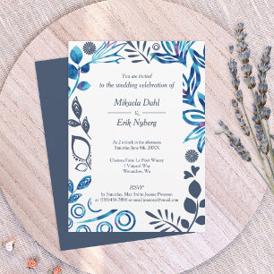 Blue, Bluish Grey Floral Pattern Frame Wedding Invitation