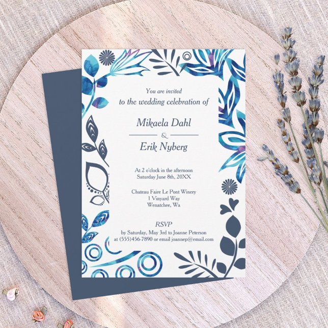 Blue, Bluish Grey Floral Pattern Frame Wedding Invitation (vibrant blue and navy blue floral frame wedding invitation template, blue-gray, slate blue)