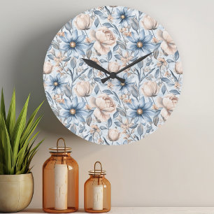 Blue & Blush Botanical Watercolor Large Clock