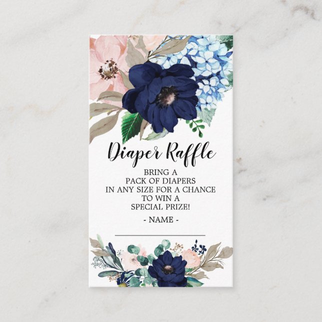 Blue Blush Floral Baby Shower Diaper Raffle Ticket Enclosure Card (Front)