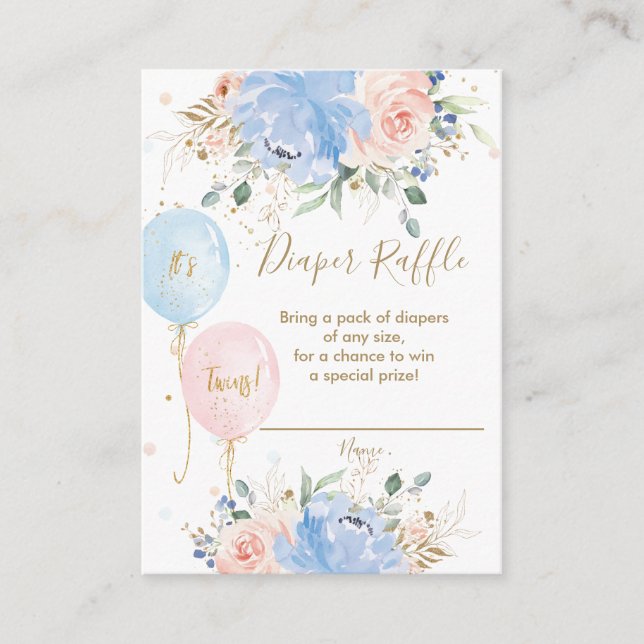 Blue Blush Floral Balloons Twins Diaper Raffle Enclosure Card (Front)