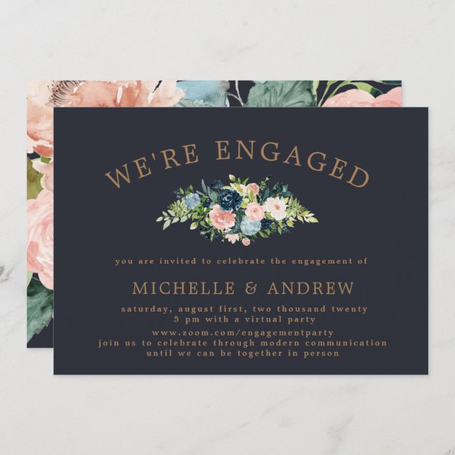 blue blush floral elegant virtual engagement invitation (Front/Back)
