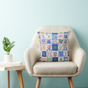 Blue Blush Floral Ocean Beach Coral Cushion