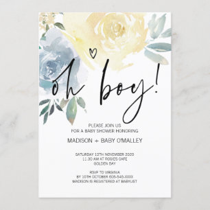 Blue Blush Floral Oh Boy Baby Shower Party Invitation