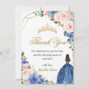 Blue Blush Floral Princess Tiara Quinceañera 15th  Thank You Card