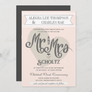 Blue Blush Peach Mr and Mrs Typography Wedding Invitation