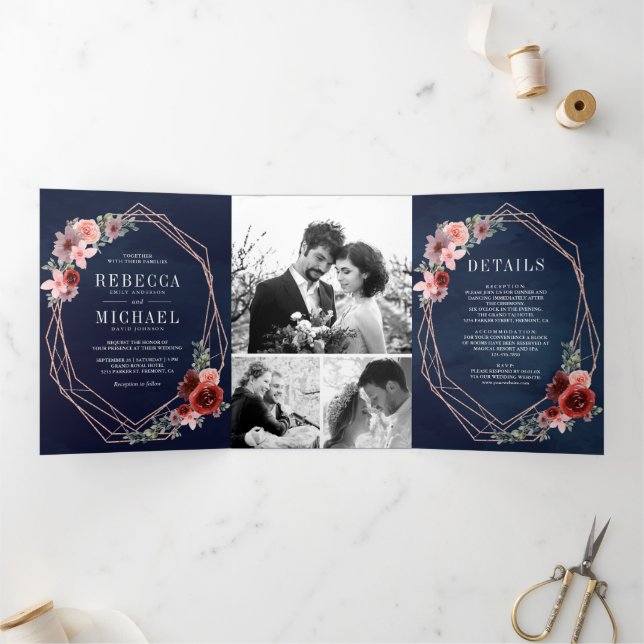 Blue Blush Pink Burgundy Floral Rose Gold Wedding Tri-Fold Invitation (Inside)