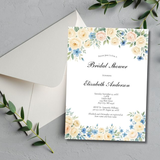 Blue Blush Pink Cream Floral Bridal Shower Invitation (Cream Blush Pink and blue watercolor florals Bridal Shower invitation. Printed or Digital Download)