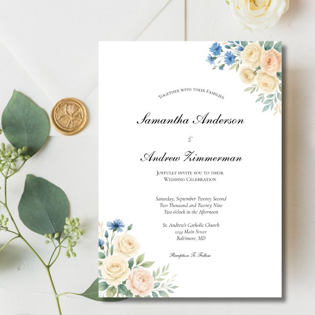 Blue Blush Pink Cream Floral Elegant Wedding  Invitation (Blue blush pink and cream watercolor floral elegant wedding invitation. Printed or Digital Download)