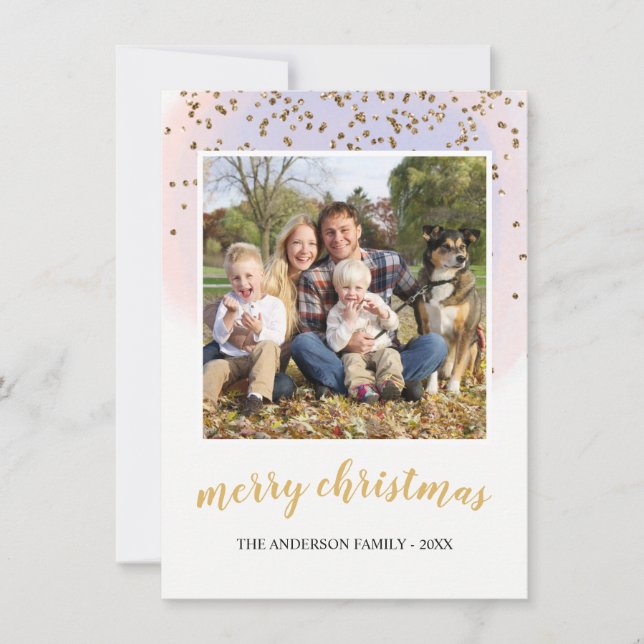 Blue Blush Pink Gold Glitter Confetti Christmas Holiday Card (Front)
