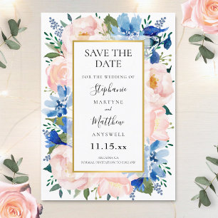 Blue Blush Pink Gold Watercolor Floral Wedding Save The Date