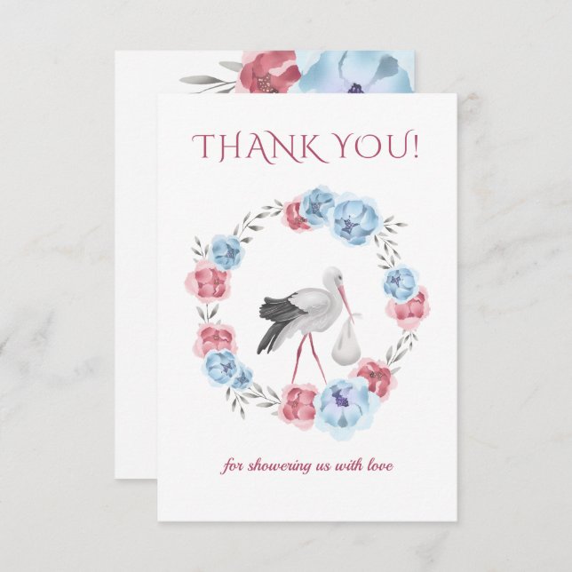 Blue & Blush Pink Watercolor Thank You Card (Front/Back)