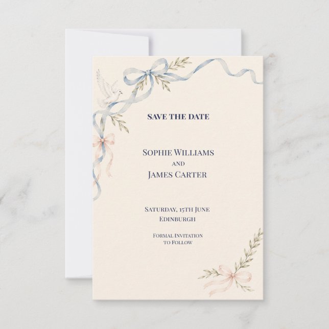 Blue Blush Ribbon Dove Wedding Save The Date (Front)
