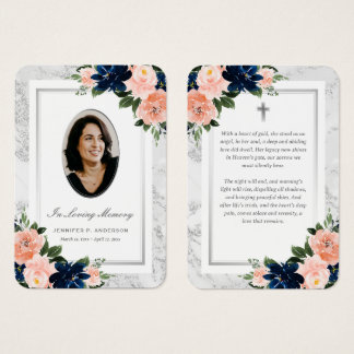 Blue Blush Silver Floral Photo Memorial Cards