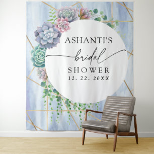 Blue Blush Succulent Bridal Shower Backdrop Tapestry