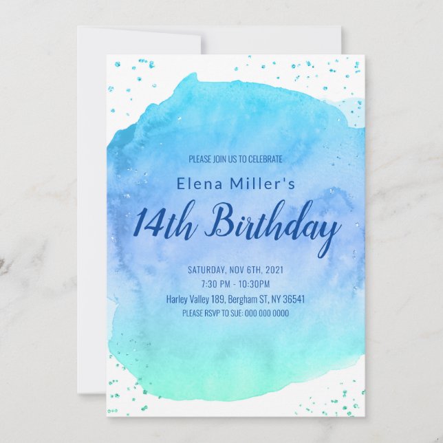 Blue blush watercolor stroke gold glitter  invitation (Front)