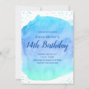Blue blush watercolor stroke gold glitter  invitation