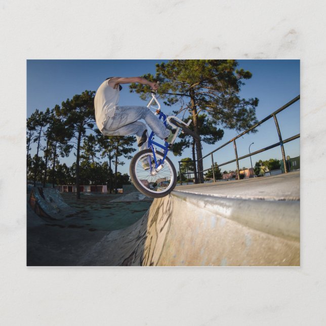 Blue BMX Balancing on Ledge Postcard (Front)