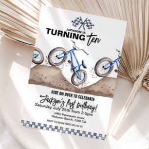 Blue BMX racing bike birthday invitation boy