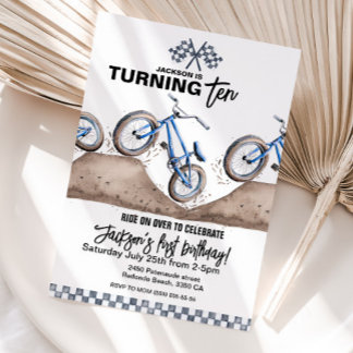 Blue BMX racing bike birthday invitation boy