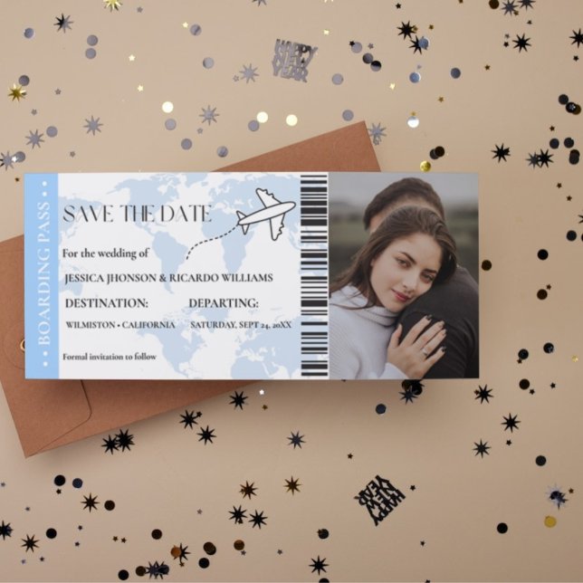 Blue Boarding pass monogram save the date ticket (Creator Uploaded)