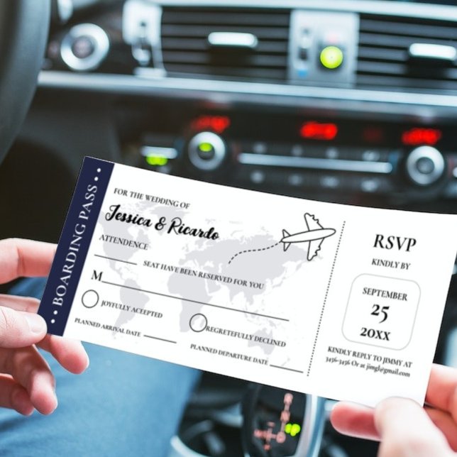 Blue boarding pass wedding RSVP enclosure card (Creator Uploaded)