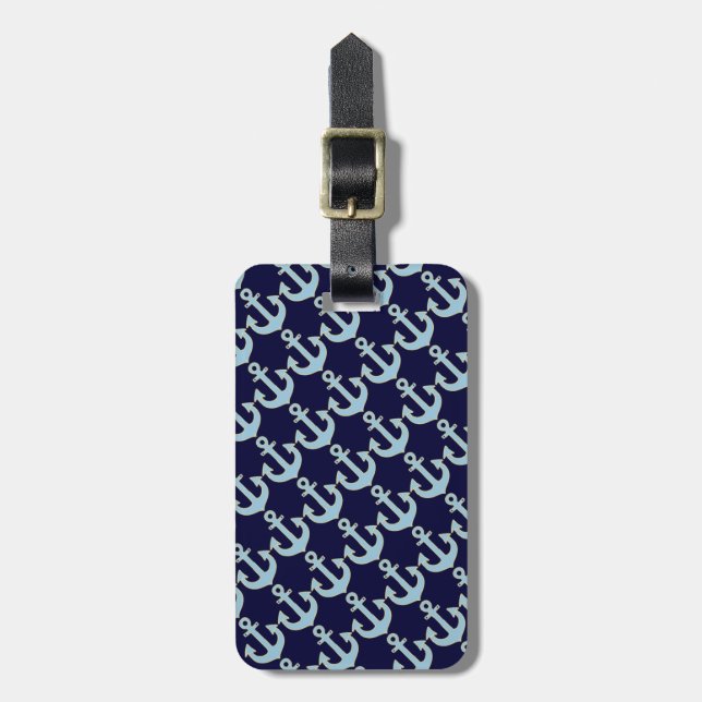 Blue Boat Nautical Anchor Pattern Luggage Tag (Front Vertical)