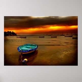 blue boat orange sky poster