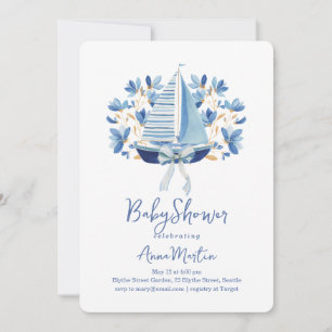 Blue Boats & Bows Baby Shower Invitation