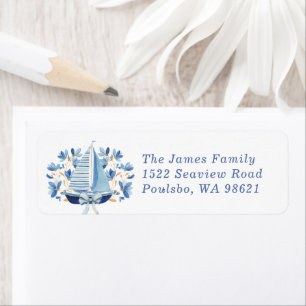 Blue Boats & Bows Baby Shower Return Address Label