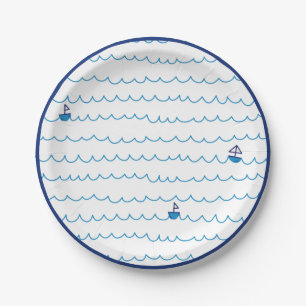 Blue Boats Waves Summer Party Nautical Ship Paper Plate
