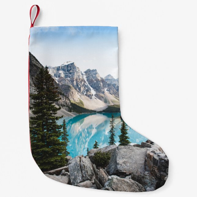 BLUE BODY OF WATER NEAR GREY MOUNTAIN DURING DAYTI SMALL CHRISTMAS STOCKING (Front)