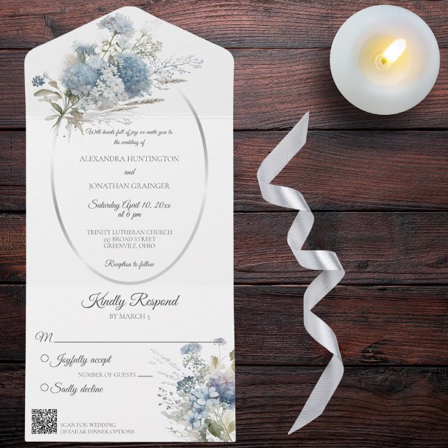 Blue Bohemian Flowers on White QR Code All In One Invitation (Creator Uploaded)