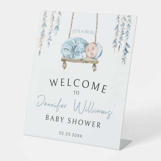 Blue bohemian sleeping baby boy welcome sign (Front)
