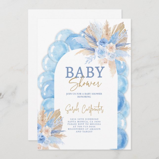 Blue Boho Arch Baby Shower Boy Invitation (Front/Back)