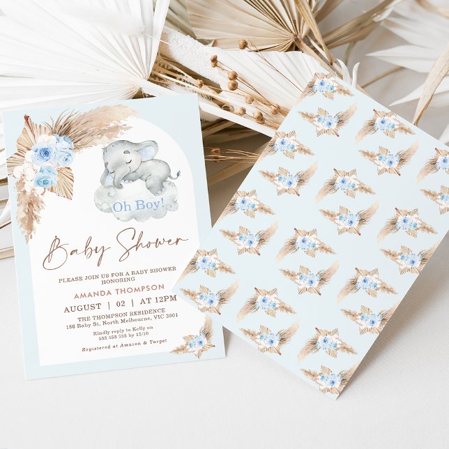 Blue Boho Arch Sleeping Elephant Baby Shower Invitation (Modern boy's elephant themed baby shower invitation with blue boho floral arrangement.)