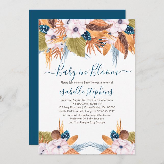 Blue Boho Baby in Bloom Pampas Grass Baby Shower Invitation (Front/Back)
