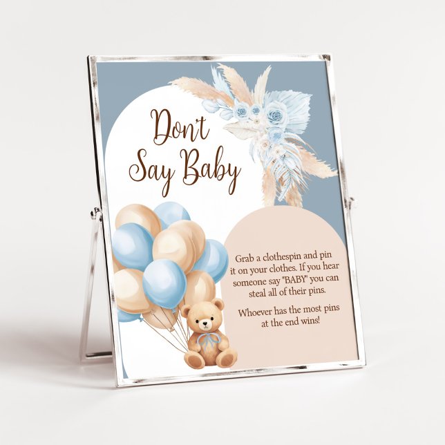 Blue Boho Bear Balloon Baby Shower Don't Say Baby Poster (Boy Bear Arch Balloon Baby Shower Don't Say Baby Sign)