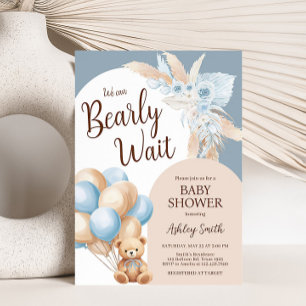 Blue Boho Bear Balloon Baby Shower  Invitation