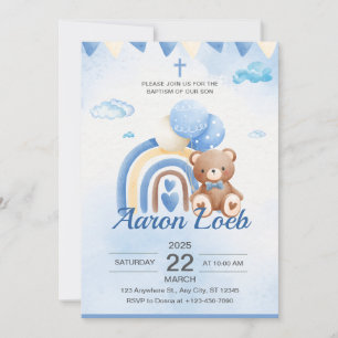 Blue Boho Bear Balloon Safari Baptism Invitation