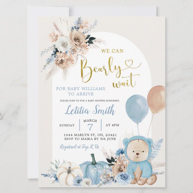 Blue Boho Bear Pumpkin Boy Baby Shower Invitation (Front)