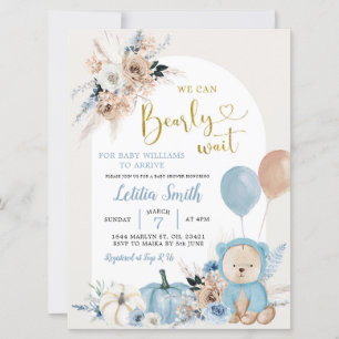 Blue Boho Bear Pumpkin Boy Baby Shower Invitation