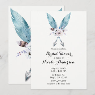 Blue Boho Bohemian Arrows Feather Floral Party Invitation