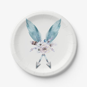 Blue Boho Bohemian Arrows Feather Floral Party Paper Plate
