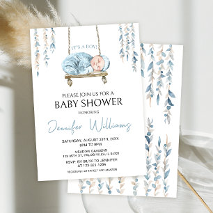 Blue boho bohemian baby boy shower invitation