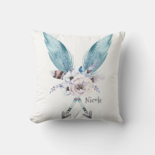 Blue Boho Bohemian Chic Arrows Feather Floral Cushion