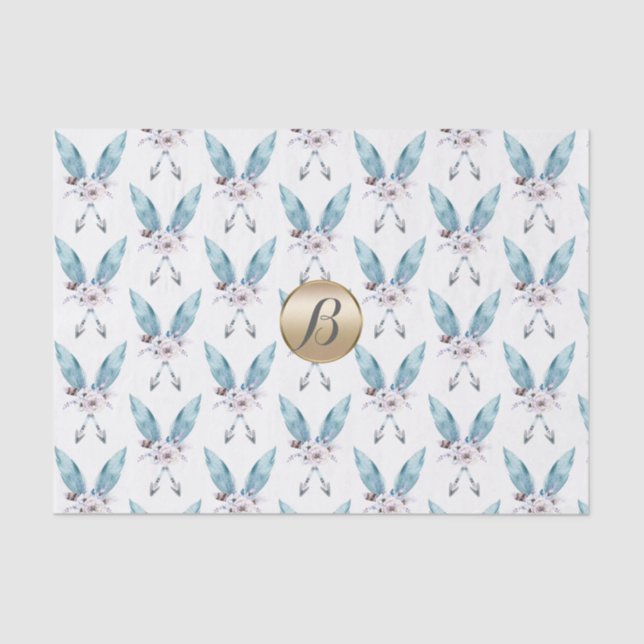 Blue Boho Bohemian Feather Monogram Personalised Tissue Paper (Front)