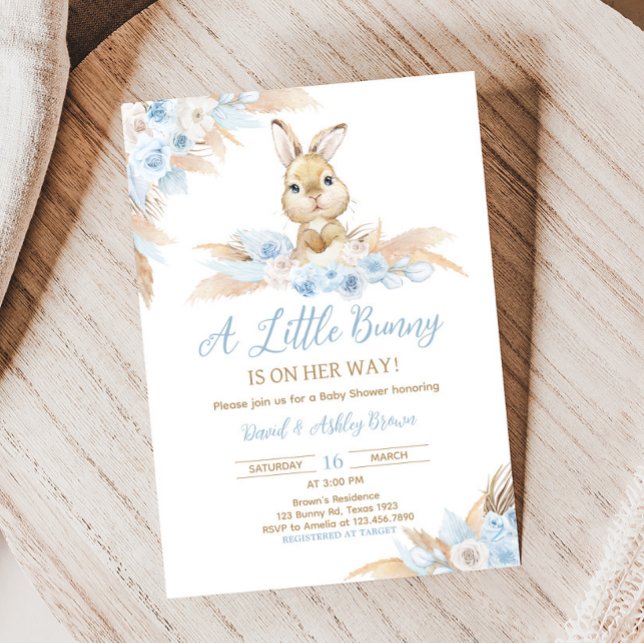 Blue Boho Bunny Baby Shower Invitation (Pampas Grass Boy Bunny Baby Shower Invitation)