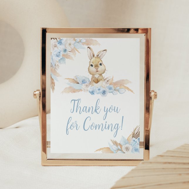 Blue Boho Bunny Baby Shower Thank you for Coming Poster (Pampas Grass Boy Bunny Baby Shower Thank you for Coming Sign)