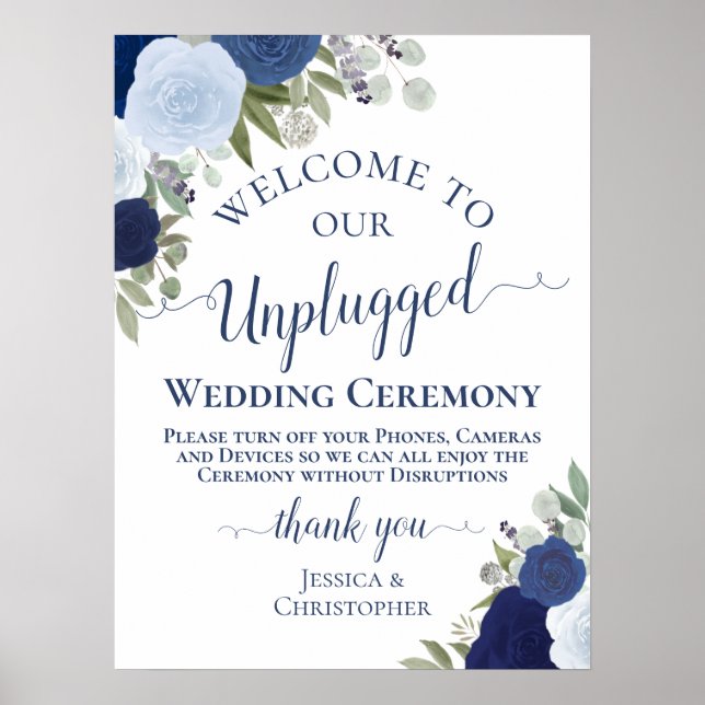 Blue Boho Chic Floral Unplugged Wedding Ceremony Poster (Front)